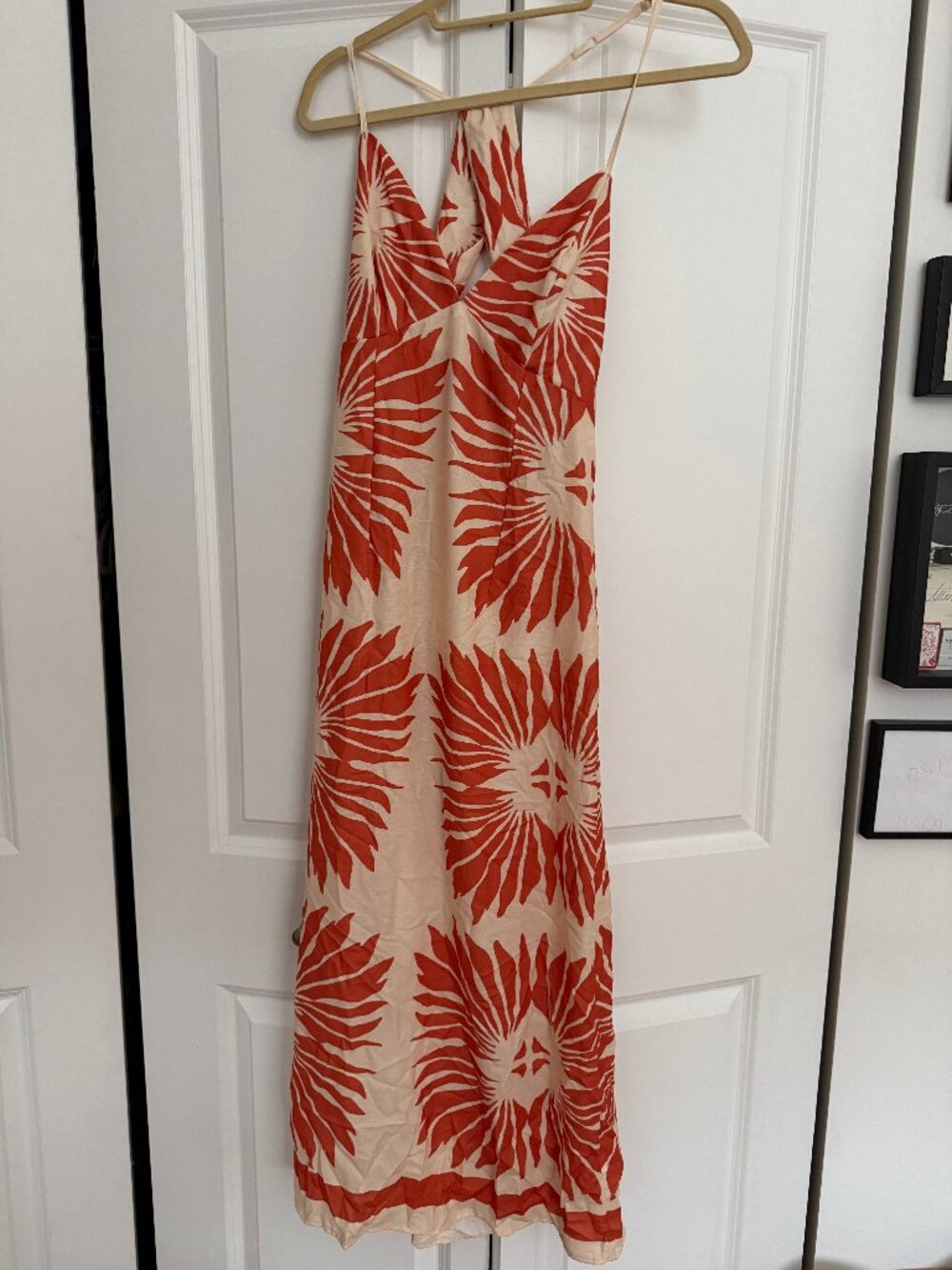 Tropical Red & Cream Palm Print Maxi Dress – Size M